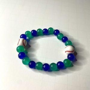 Handmade Elastic Blue and Green Baseball Bracelet